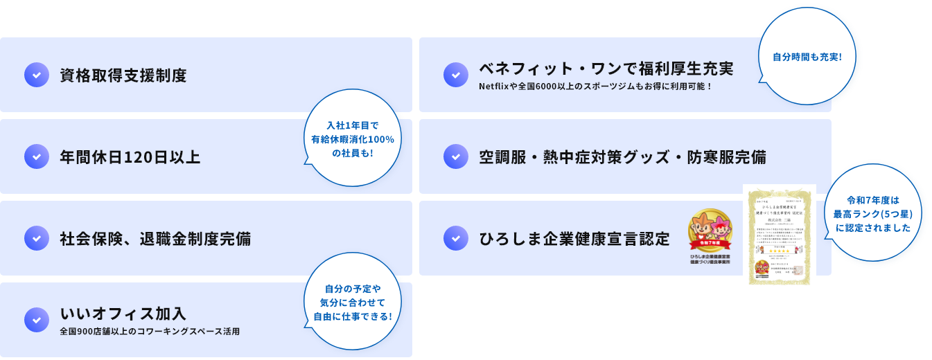 ・ネットフリックス加入（予定）・年間休日120日以上・社会保険、退職金制度完備・資格取得支援制度・空調服・熱中症対策グッズ・防寒服完備・ひろしま企業健康宣言認定